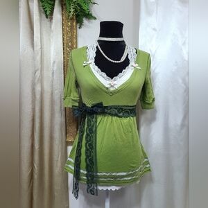 ♡ Y2K ♡ Hollister Green Empire Waist Plaid Trim Babydoll Top Half Sleeve